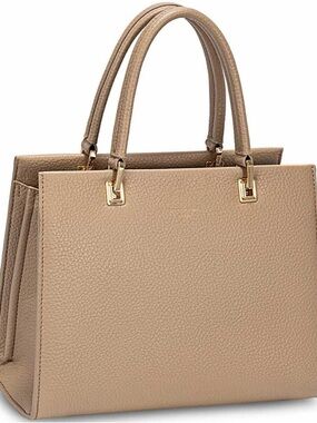 Pebbled Taupe Satchel Handbag with Gold Hardware